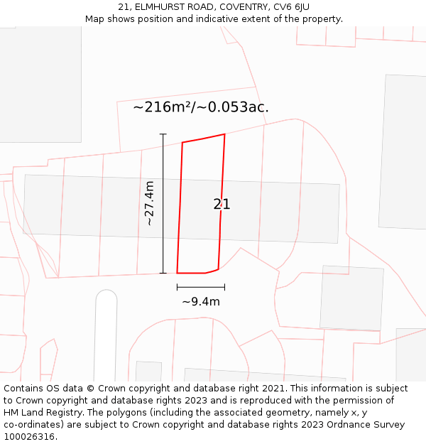 21, ELMHURST ROAD, COVENTRY, CV6 6JU: Plot and title map