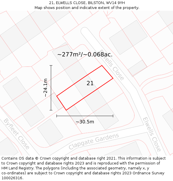 21, ELWELLS CLOSE, BILSTON, WV14 9YH: Plot and title map