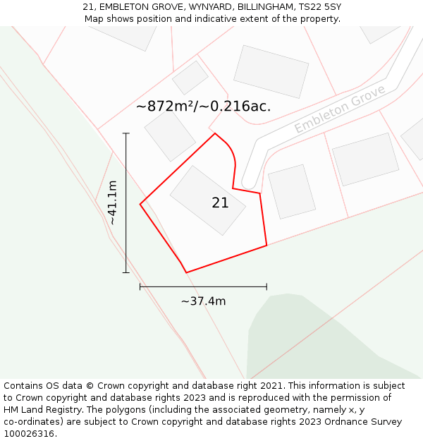 21, EMBLETON GROVE, WYNYARD, BILLINGHAM, TS22 5SY: Plot and title map