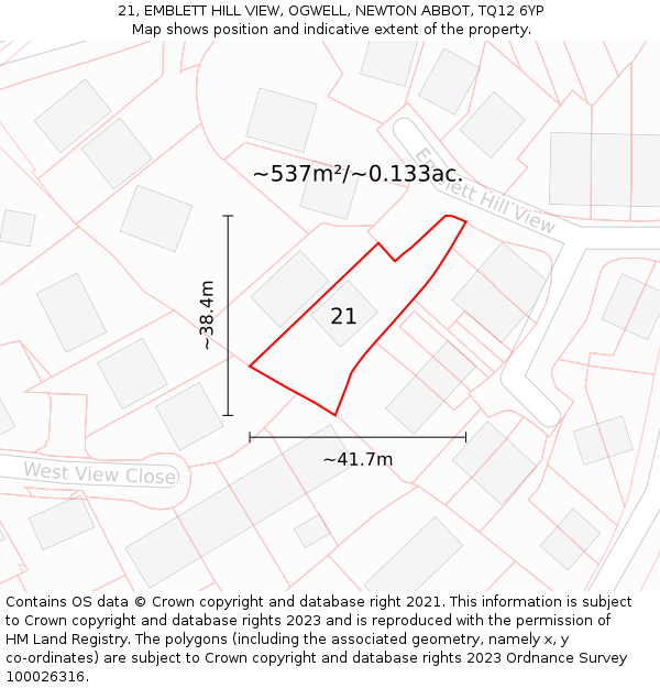 21, EMBLETT HILL VIEW, OGWELL, NEWTON ABBOT, TQ12 6YP: Plot and title map