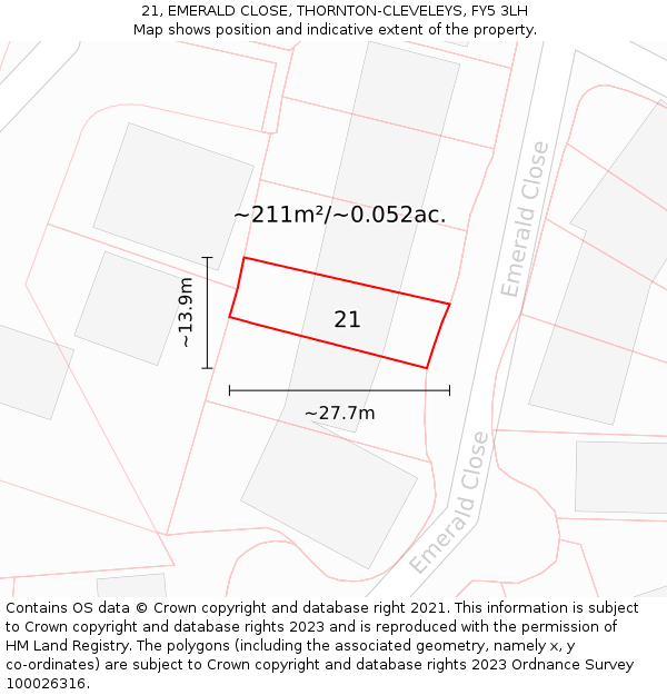 21, EMERALD CLOSE, THORNTON-CLEVELEYS, FY5 3LH: Plot and title map