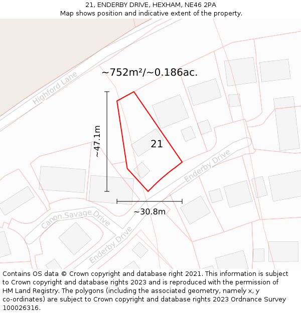 21, ENDERBY DRIVE, HEXHAM, NE46 2PA: Plot and title map