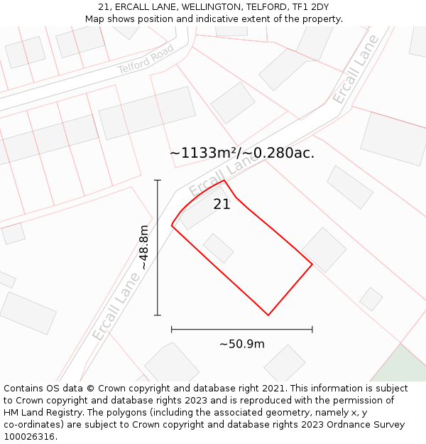 21, ERCALL LANE, WELLINGTON, TELFORD, TF1 2DY: Plot and title map