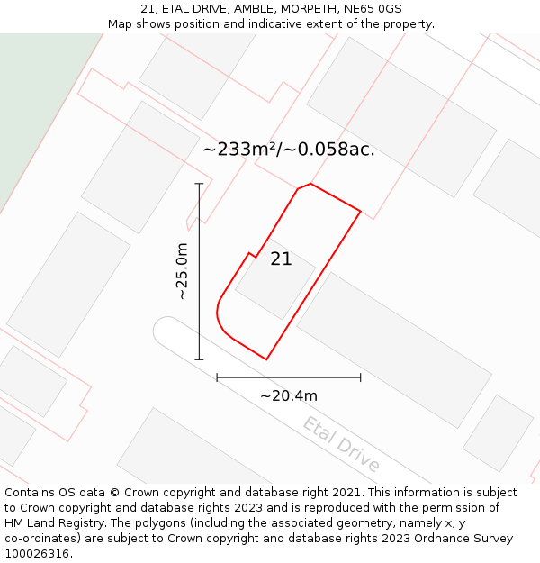 21, ETAL DRIVE, AMBLE, MORPETH, NE65 0GS: Plot and title map