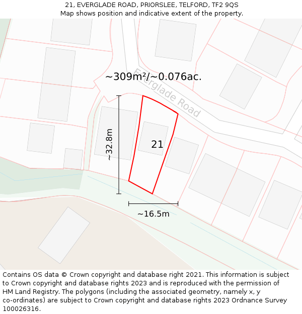 21, EVERGLADE ROAD, PRIORSLEE, TELFORD, TF2 9QS: Plot and title map