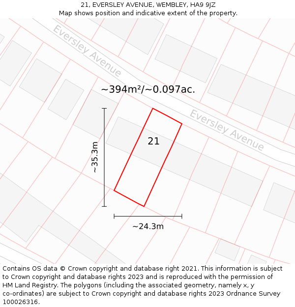 21, EVERSLEY AVENUE, WEMBLEY, HA9 9JZ: Plot and title map