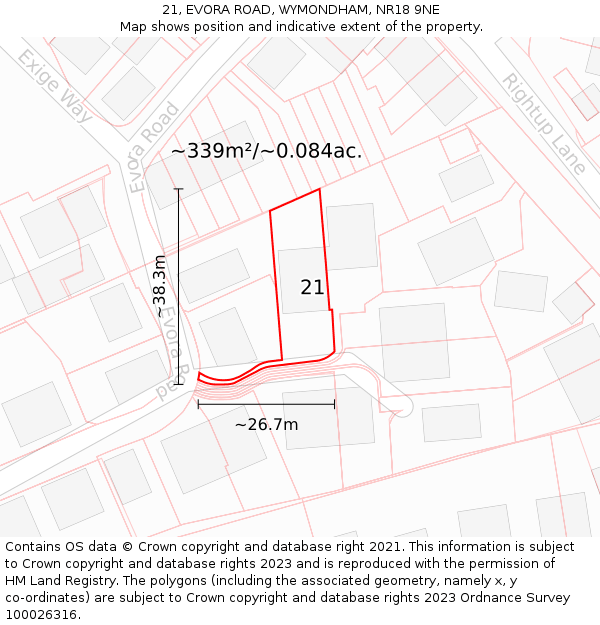 21, EVORA ROAD, WYMONDHAM, NR18 9NE: Plot and title map