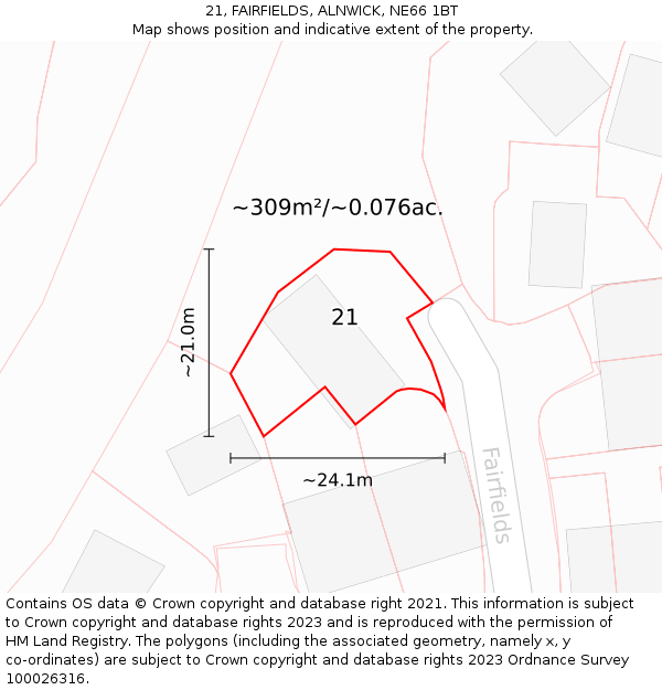 21, FAIRFIELDS, ALNWICK, NE66 1BT: Plot and title map