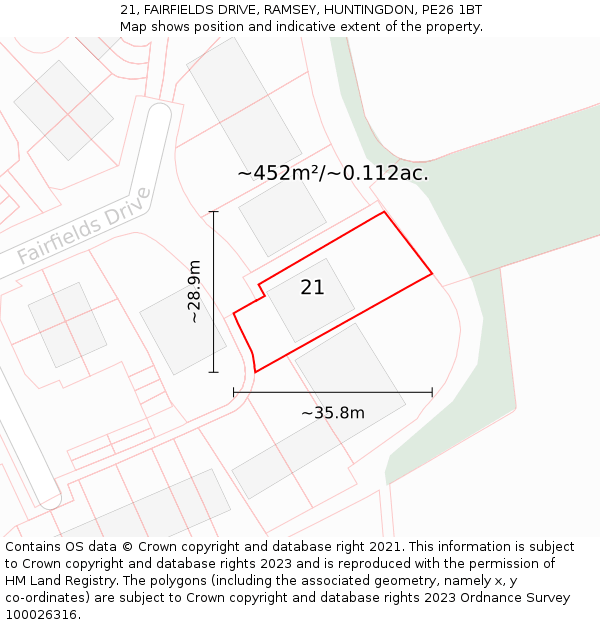 21, FAIRFIELDS DRIVE, RAMSEY, HUNTINGDON, PE26 1BT: Plot and title map