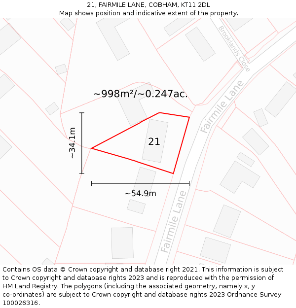 21, FAIRMILE LANE, COBHAM, KT11 2DL: Plot and title map