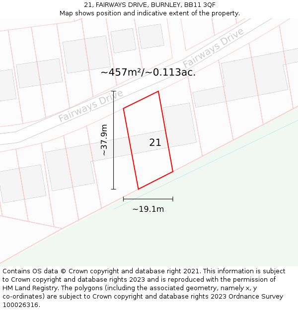 21, FAIRWAYS DRIVE, BURNLEY, BB11 3QF: Plot and title map