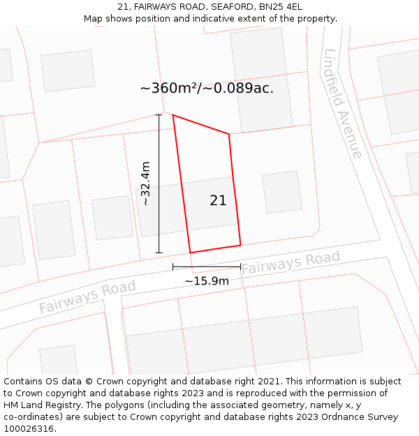 21, FAIRWAYS ROAD, SEAFORD, BN25 4EL: Plot and title map