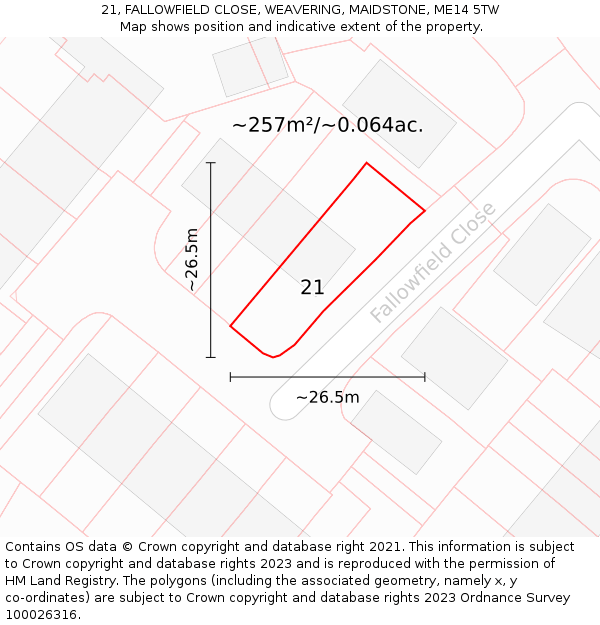 21, FALLOWFIELD CLOSE, WEAVERING, MAIDSTONE, ME14 5TW: Plot and title map