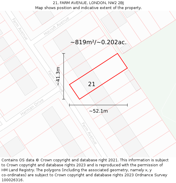 21, FARM AVENUE, LONDON, NW2 2BJ: Plot and title map