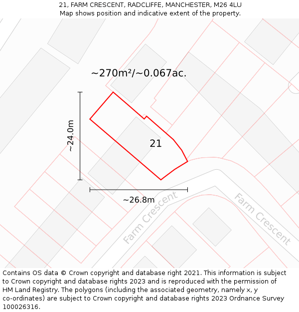 21, FARM CRESCENT, RADCLIFFE, MANCHESTER, M26 4LU: Plot and title map