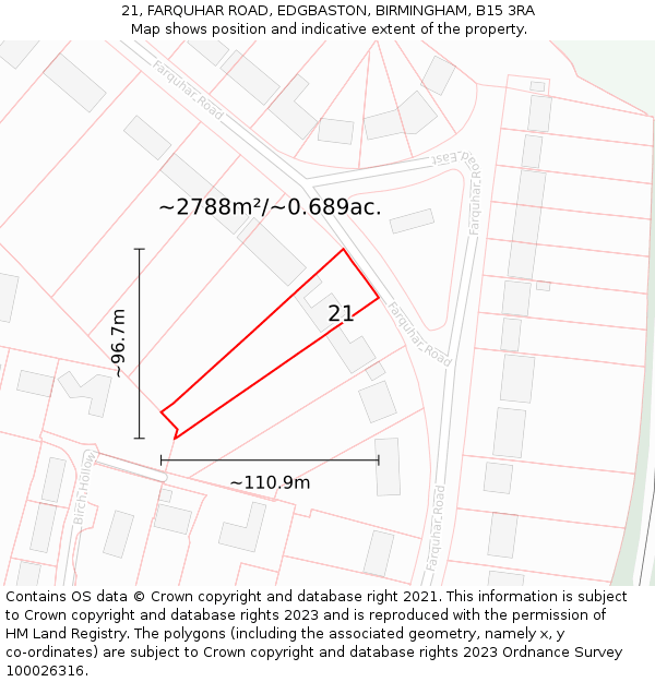 21, FARQUHAR ROAD, EDGBASTON, BIRMINGHAM, B15 3RA: Plot and title map