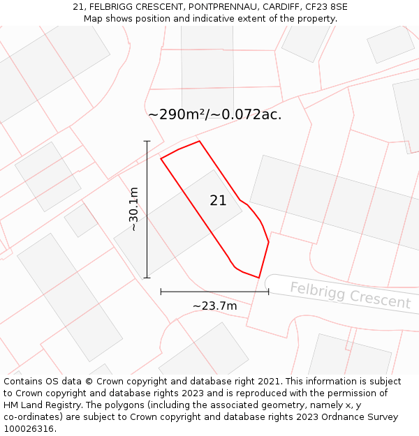 21, FELBRIGG CRESCENT, PONTPRENNAU, CARDIFF, CF23 8SE: Plot and title map