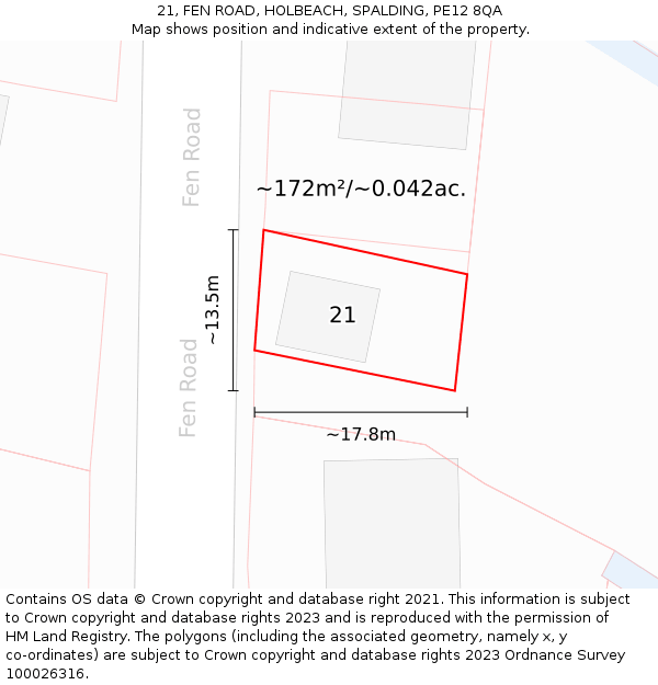 21, FEN ROAD, HOLBEACH, SPALDING, PE12 8QA: Plot and title map