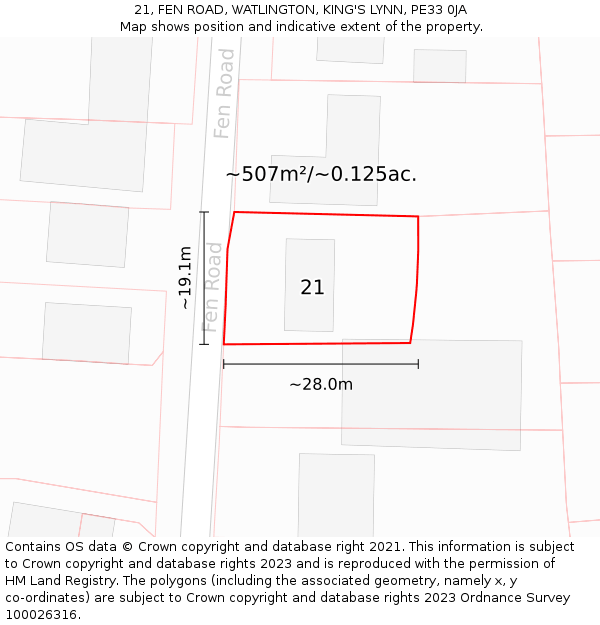 21, FEN ROAD, WATLINGTON, KING'S LYNN, PE33 0JA: Plot and title map