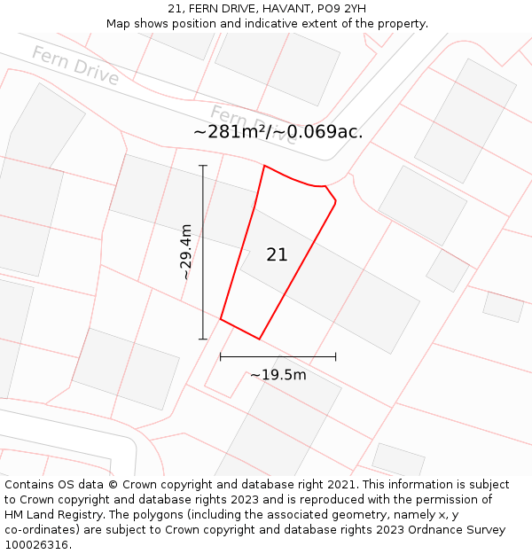 21, FERN DRIVE, HAVANT, PO9 2YH: Plot and title map