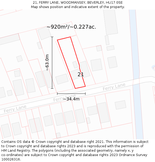 21, FERRY LANE, WOODMANSEY, BEVERLEY, HU17 0SE: Plot and title map