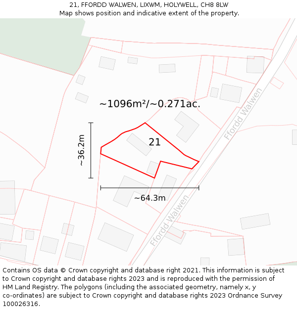 21, FFORDD WALWEN, LIXWM, HOLYWELL, CH8 8LW: Plot and title map