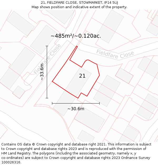 21, FIELDFARE CLOSE, STOWMARKET, IP14 5UJ: Plot and title map