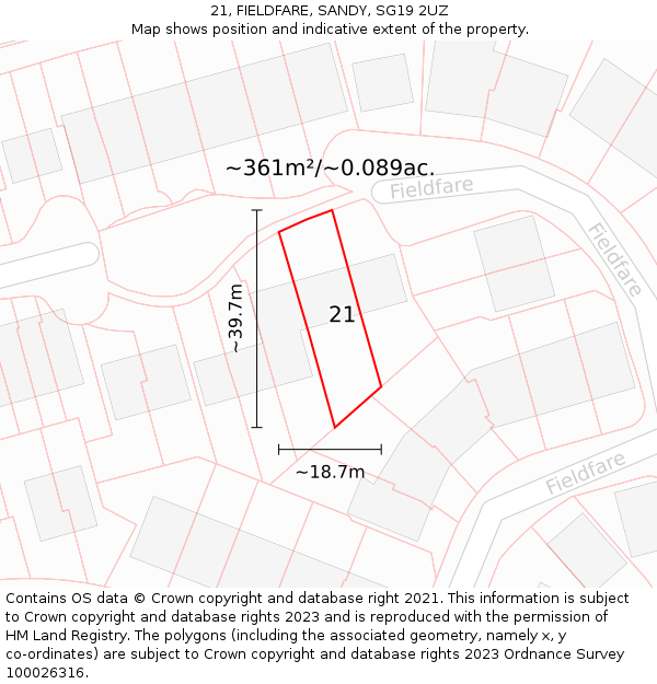 21, FIELDFARE, SANDY, SG19 2UZ: Plot and title map