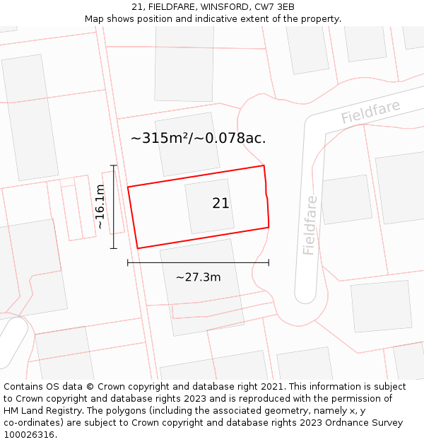 21, FIELDFARE, WINSFORD, CW7 3EB: Plot and title map