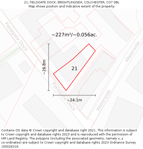 21, FIELDGATE DOCK, BRIGHTLINGSEA, COLCHESTER, CO7 0BL: Plot and title map
