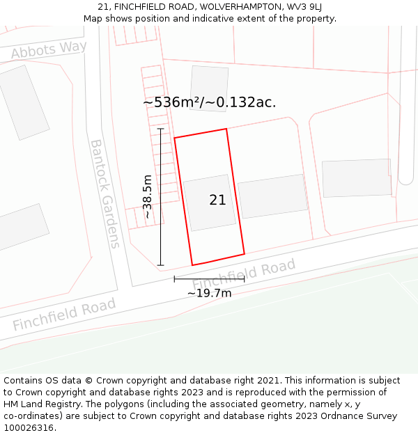 21, FINCHFIELD ROAD, WOLVERHAMPTON, WV3 9LJ: Plot and title map