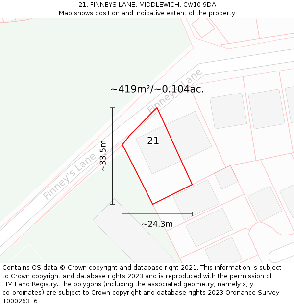 21, FINNEYS LANE, MIDDLEWICH, CW10 9DA: Plot and title map