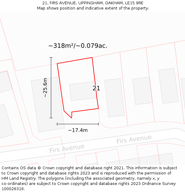 21, FIRS AVENUE, UPPINGHAM, OAKHAM, LE15 9RE: Plot and title map