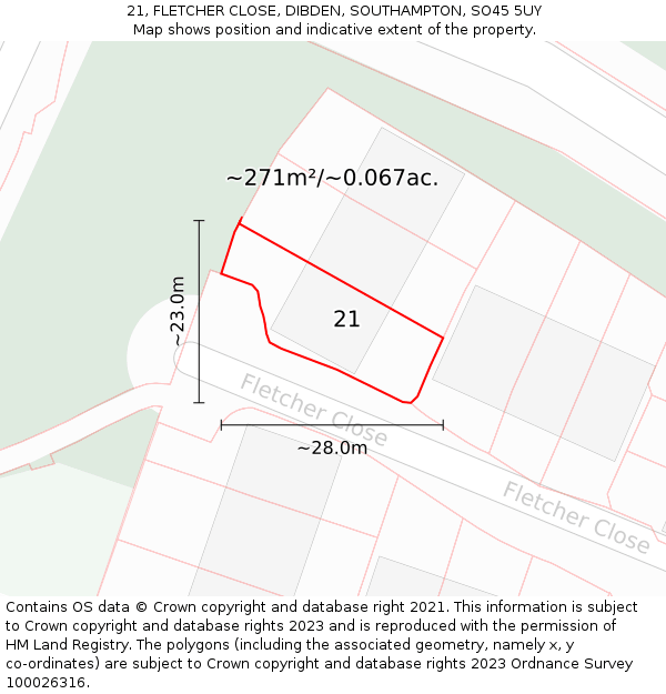 21, FLETCHER CLOSE, DIBDEN, SOUTHAMPTON, SO45 5UY: Plot and title map