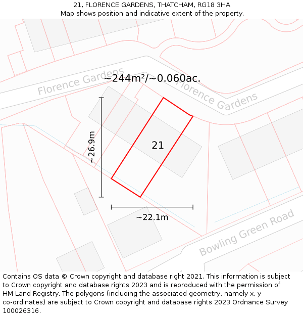 21, FLORENCE GARDENS, THATCHAM, RG18 3HA: Plot and title map