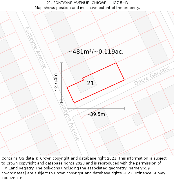 21, FONTAYNE AVENUE, CHIGWELL, IG7 5HD: Plot and title map