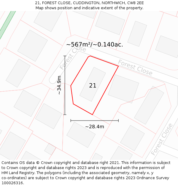 21, FOREST CLOSE, CUDDINGTON, NORTHWICH, CW8 2EE: Plot and title map