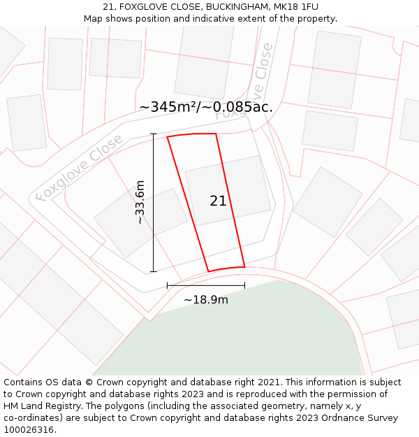 21, FOXGLOVE CLOSE, BUCKINGHAM, MK18 1FU: Plot and title map