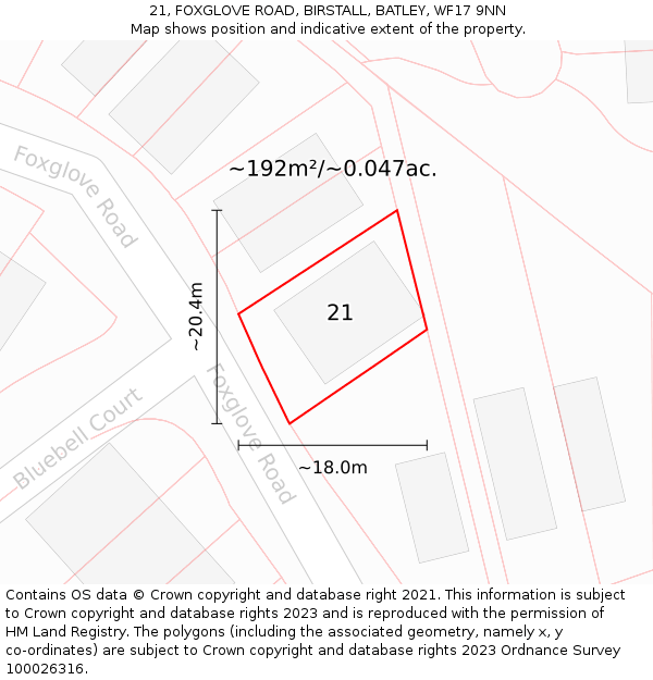 21, FOXGLOVE ROAD, BIRSTALL, BATLEY, WF17 9NN: Plot and title map