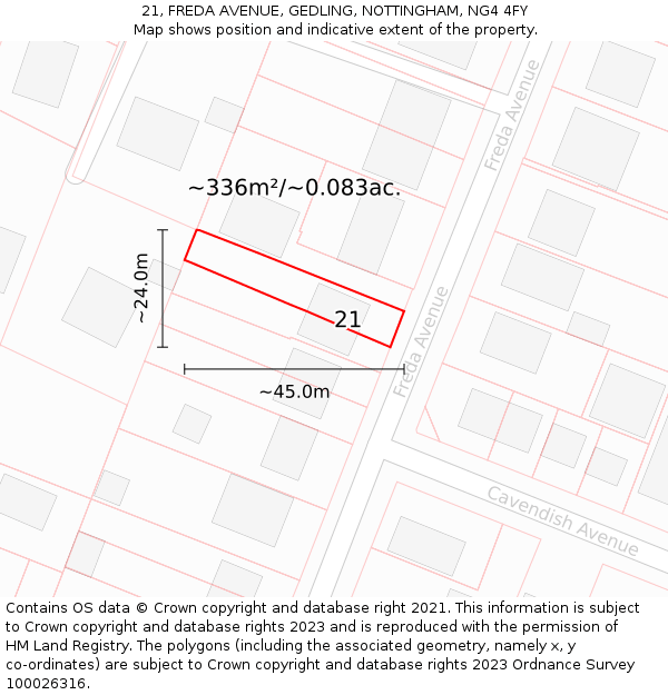 21, FREDA AVENUE, GEDLING, NOTTINGHAM, NG4 4FY: Plot and title map