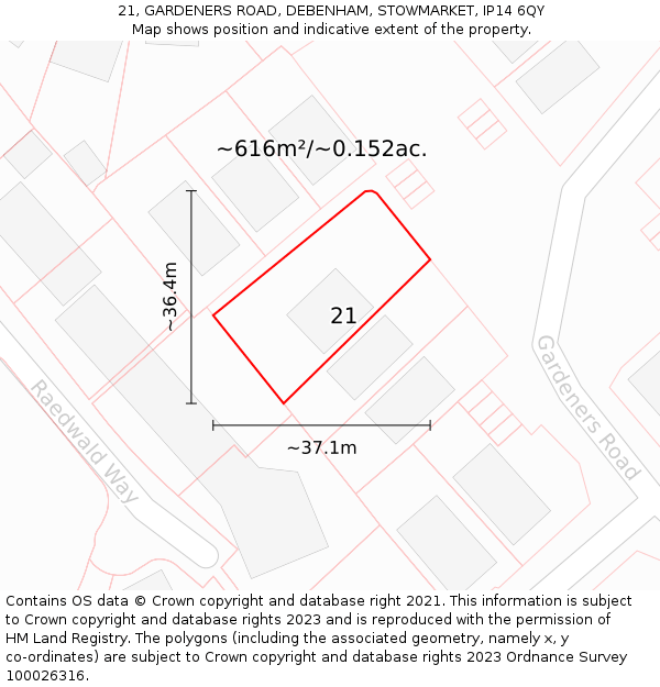 21, GARDENERS ROAD, DEBENHAM, STOWMARKET, IP14 6QY: Plot and title map