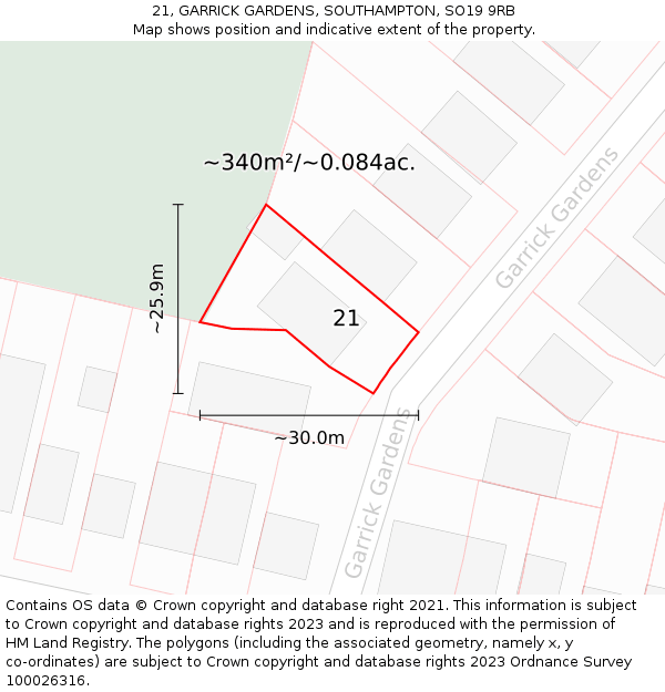 21, GARRICK GARDENS, SOUTHAMPTON, SO19 9RB: Plot and title map