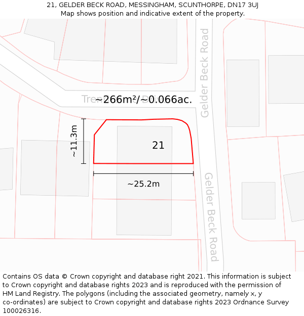 21, GELDER BECK ROAD, MESSINGHAM, SCUNTHORPE, DN17 3UJ: Plot and title map