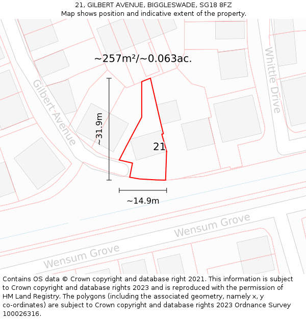 21, GILBERT AVENUE, BIGGLESWADE, SG18 8FZ: Plot and title map