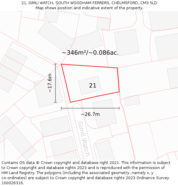 21, GIMLI WATCH, SOUTH WOODHAM FERRERS, CHELMSFORD, CM3 5LD: Plot and title map