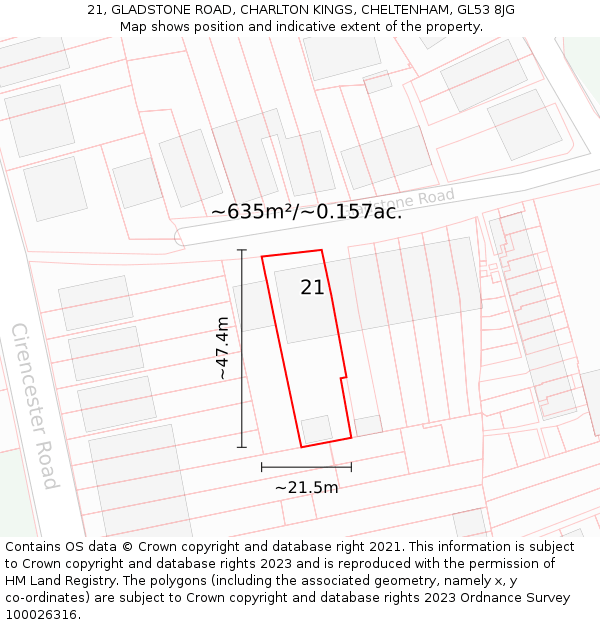21, GLADSTONE ROAD, CHARLTON KINGS, CHELTENHAM, GL53 8JG: Plot and title map