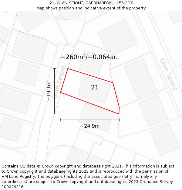 21, GLAN SEIONT, CAERNARFON, LL55 2DX: Plot and title map