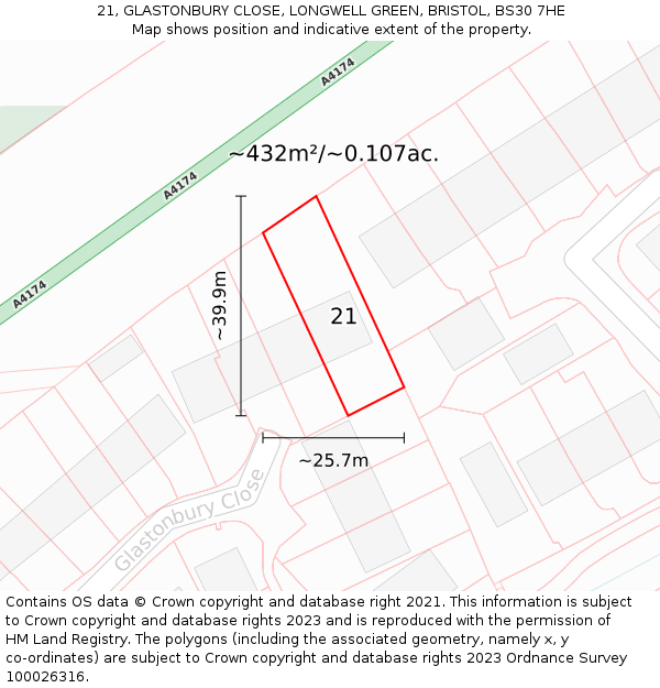 21, GLASTONBURY CLOSE, LONGWELL GREEN, BRISTOL, BS30 7HE: Plot and title map