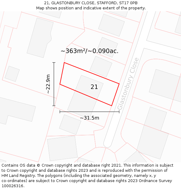 21, GLASTONBURY CLOSE, STAFFORD, ST17 0PB: Plot and title map