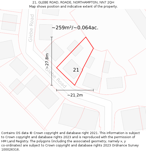 21, GLEBE ROAD, ROADE, NORTHAMPTON, NN7 2QH: Plot and title map